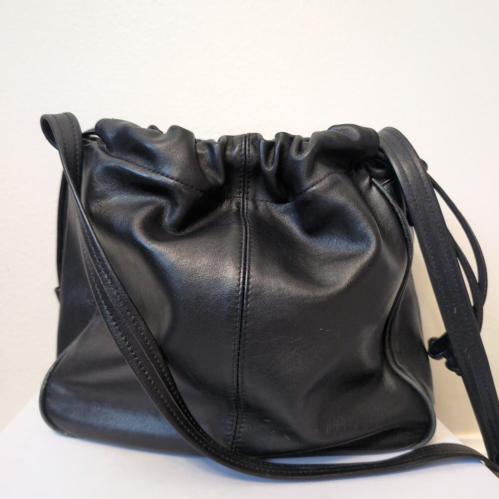 Black Leather Drawstring Shoulder Bag
